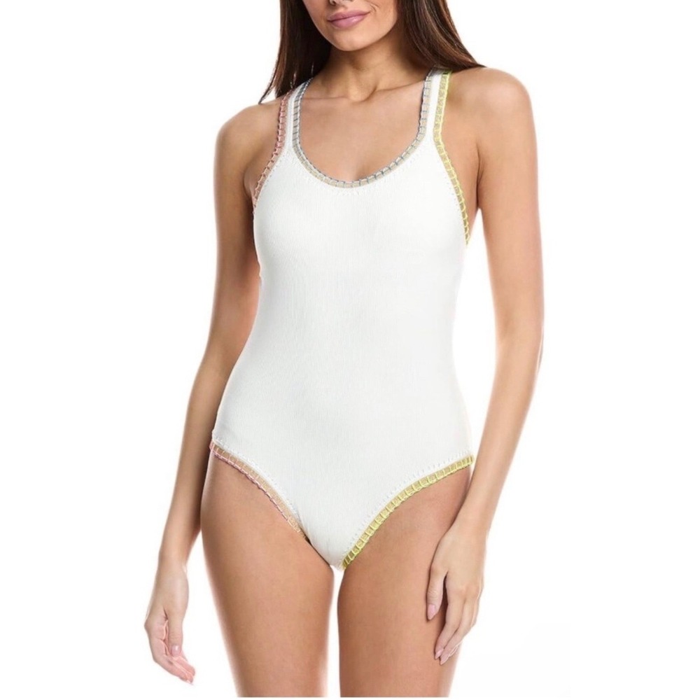 Solange Ferrarini x PQ Swim White Ribbed‎ Whipstitch One Piece Swimsuit L NEW